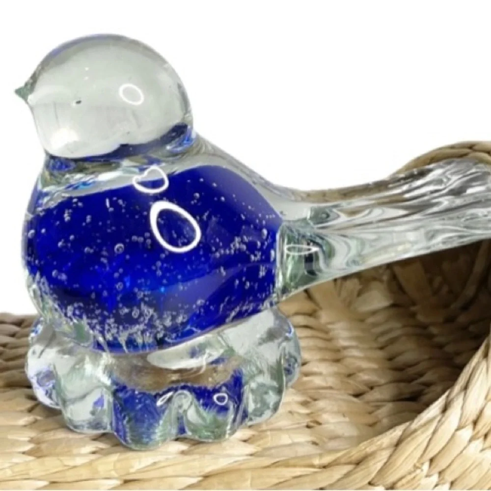 Vintage (2) small Snowflakes blue bird blown clear glass figurines.